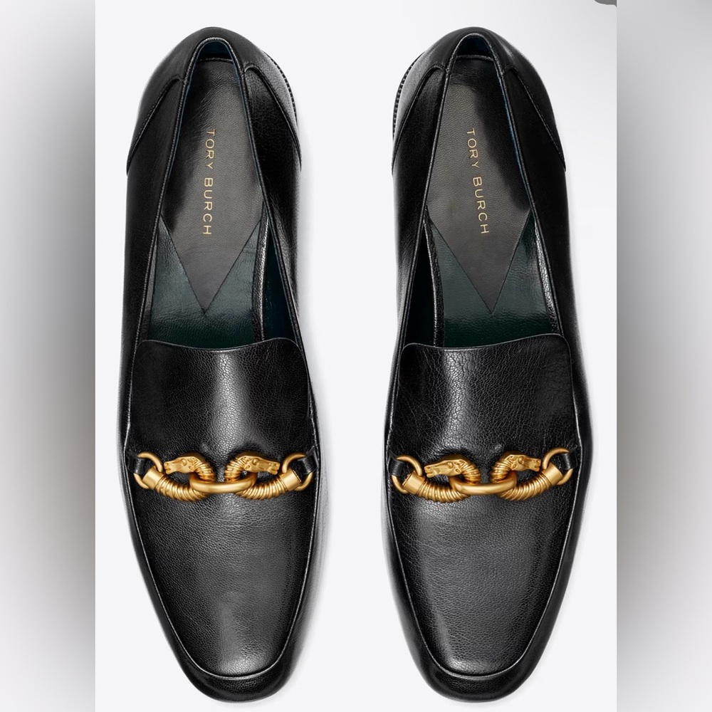 Tory Burch Black and Gold Slip-On Loafers